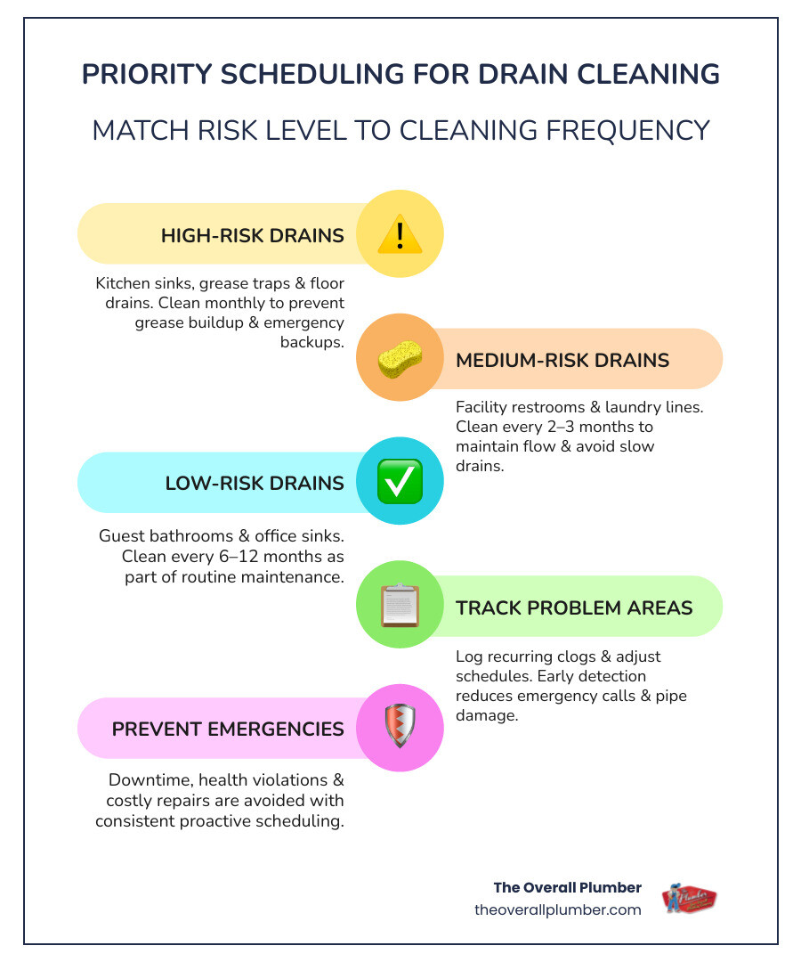 Infographic showing drain cleaning priority scheduling tiers by risk level and cleaning frequency infographic