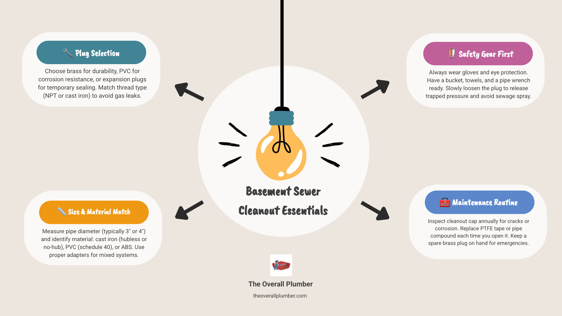 infographic showing components of a basement sewer cleanout assembly including plug types, cover plates, PTFE tape, and pipe