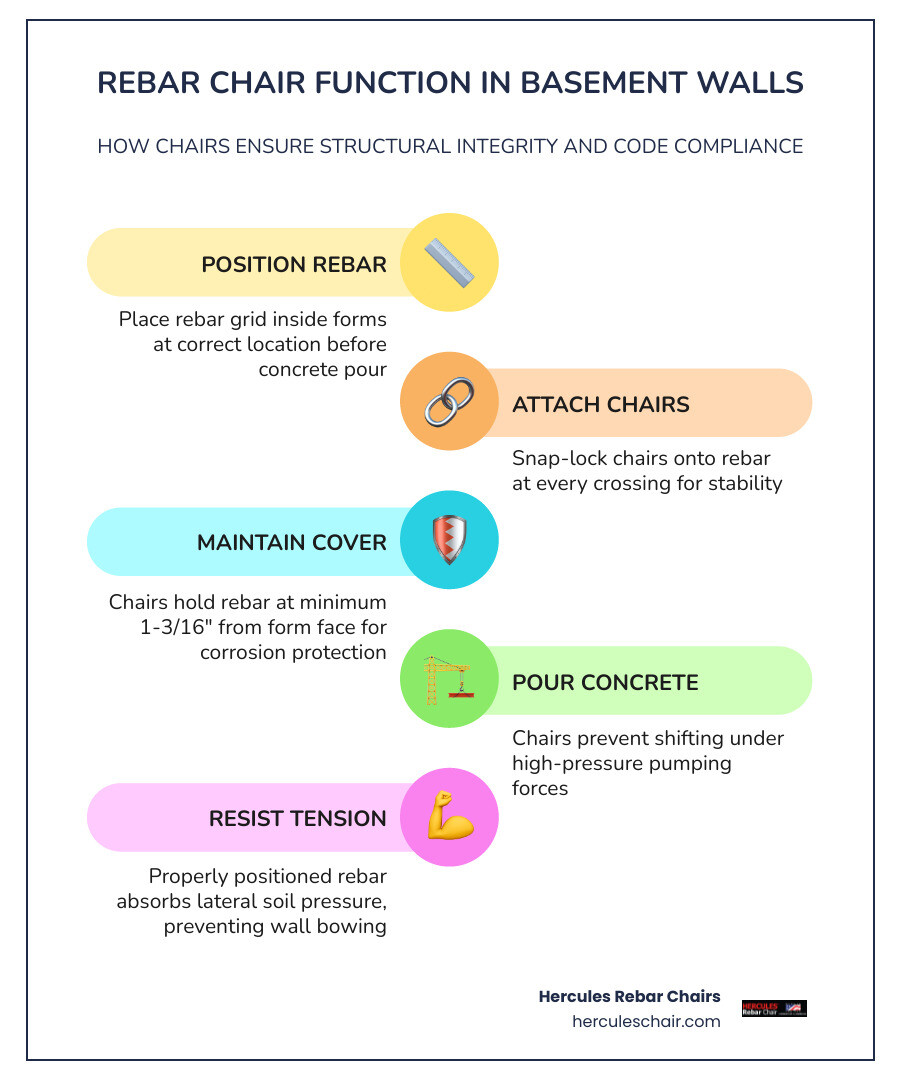 Infographic showing rebar chair function, cover depth, spacing, and code compliance in basement walls infographic