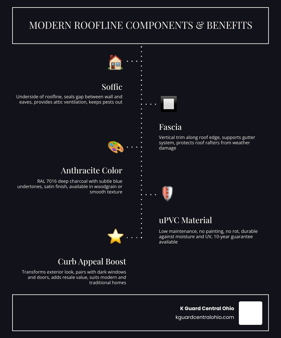 Infographic showing components of a modern roofline: soffit, fascia, gutters, and anthracite grey color benefits infographic