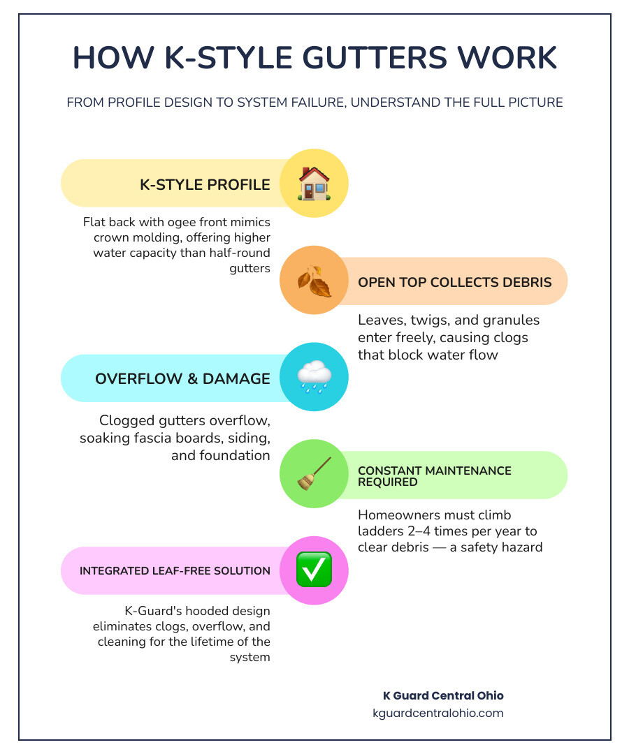 K-style gutter overview infographic: profile shape, sizing, materials, capacity, and K-Guard leaf-free system benefits K-style gutter overview infographic: profile shape, sizing, materials, capacity, and K-Guard leaf-free system benefits