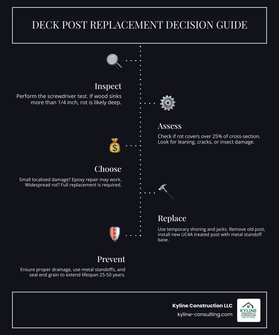 deck post replacement process overview infographic with rot signs, costs, and repair vs replace decision guide infographic