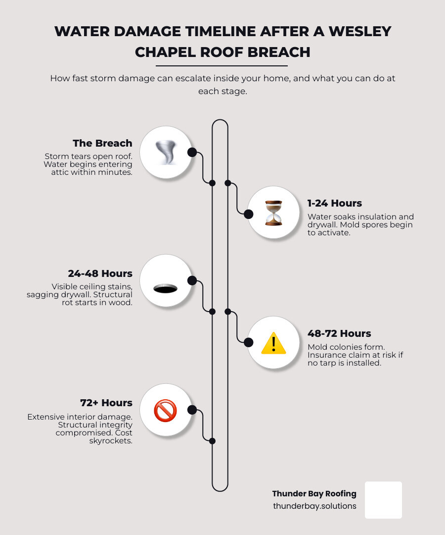 Timeline of water damage after a roof breach: hours 1-24 to structural rot and mold growth stages infographic Timeline of water damage after a roof breach: hours 1-24 to structural rot and mold growth stages infographic