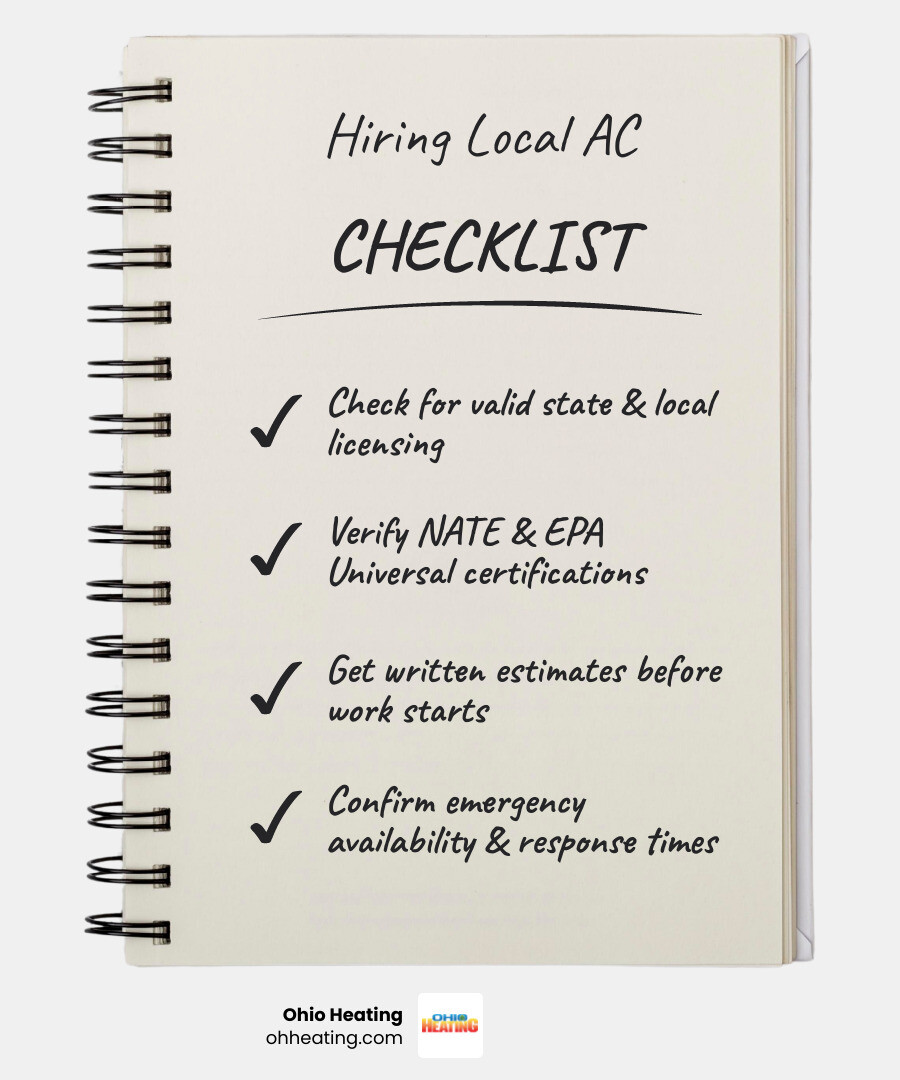 Key steps infographic for choosing the best local AC company: license, certifications, reviews, pricing, availability