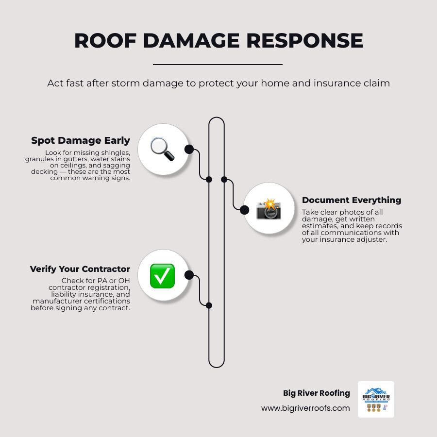 Roof repair process infographic: warning signs, storm response steps, insurance tips, and contractor checklist infographic