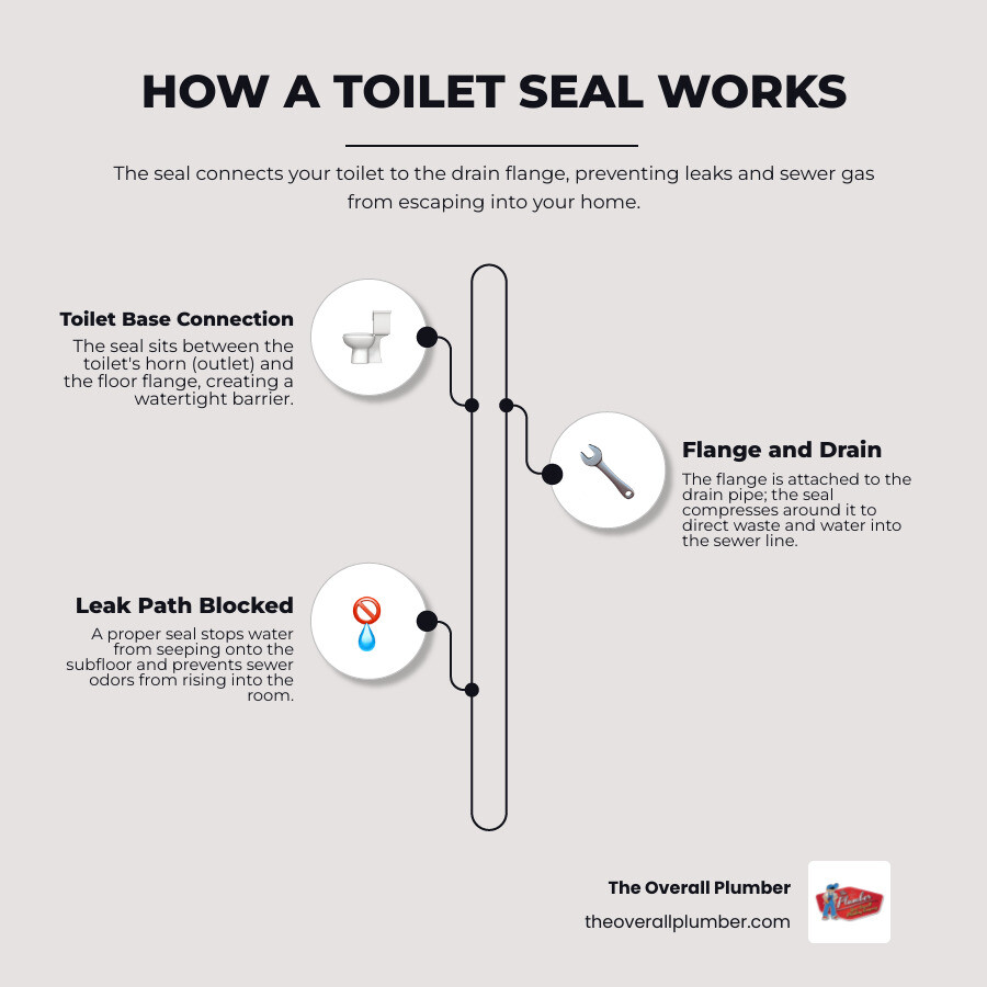 How a toilet seal works: components, seal types, flange position, and leak path diagram infographic How a toilet seal works: components, seal types, flange position, and leak path diagram infographic