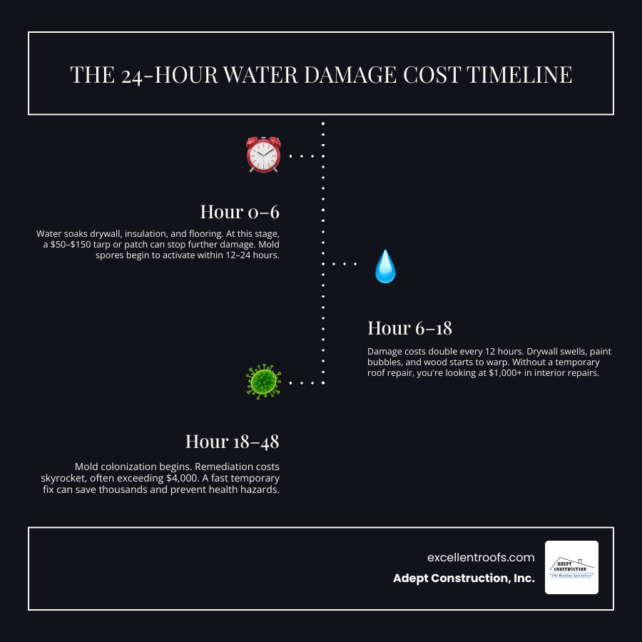 24-hour water damage cost escalation timeline showing doubling costs and mold risk windows infographic 24-hour water damage cost escalation timeline showing doubling costs and mold risk windows infographic