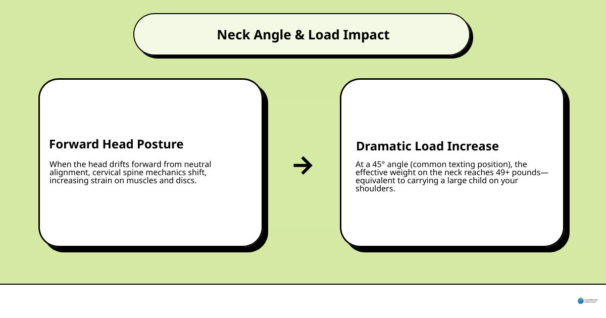 Biomechanical load on the neck at 0, 15, 30, and 45-degree head angles showing pounds of pressure infographic Biomechanical load on the neck at 0, 15, 30, and 45-degree head angles showing pounds of pressure infographic