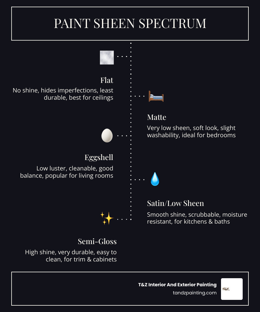 Paint sheen spectrum infographic from flat to high gloss with best room applications infographic