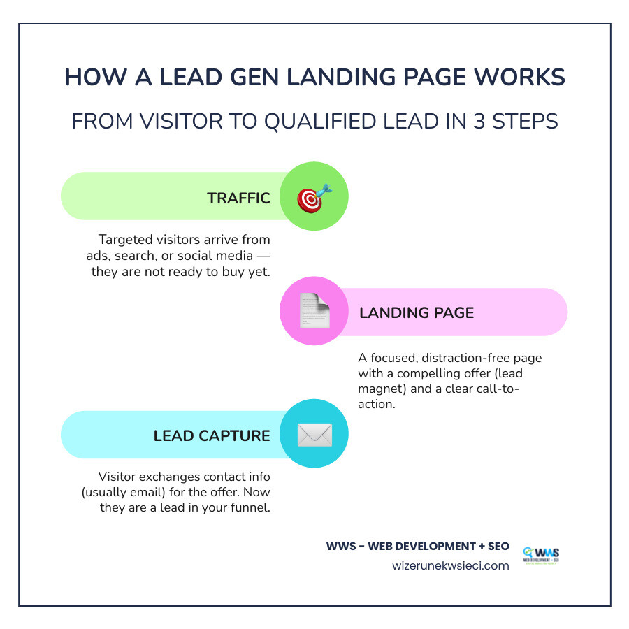 lead generation landing page funnel showing traffic, landing page, form, and lead stages infographic