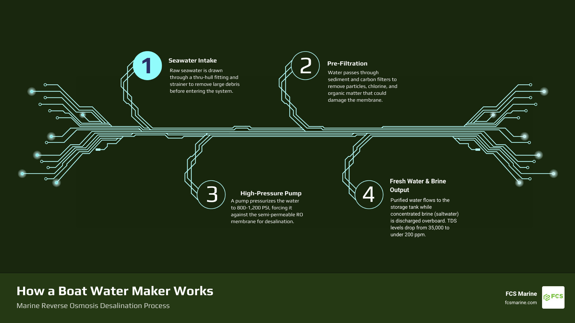 Marine reverse osmosis watermaker process infographic showing seawater intake, pre-filtration, high-pressure pump, RO Marine reverse osmosis watermaker process infographic showing seawater intake, pre-filtration, high-pressure pump, RO