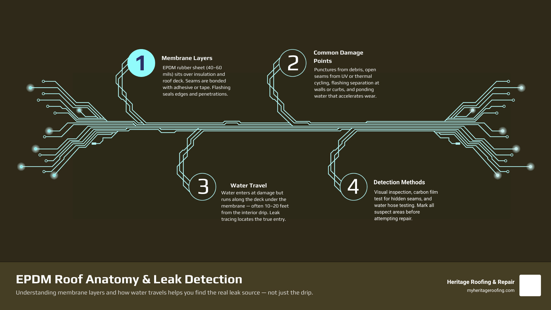 EPDM roof repair anatomy infographic showing membrane layers, common damage points, and repair steps infographic EPDM roof repair anatomy infographic showing membrane layers, common damage points, and repair steps infographic