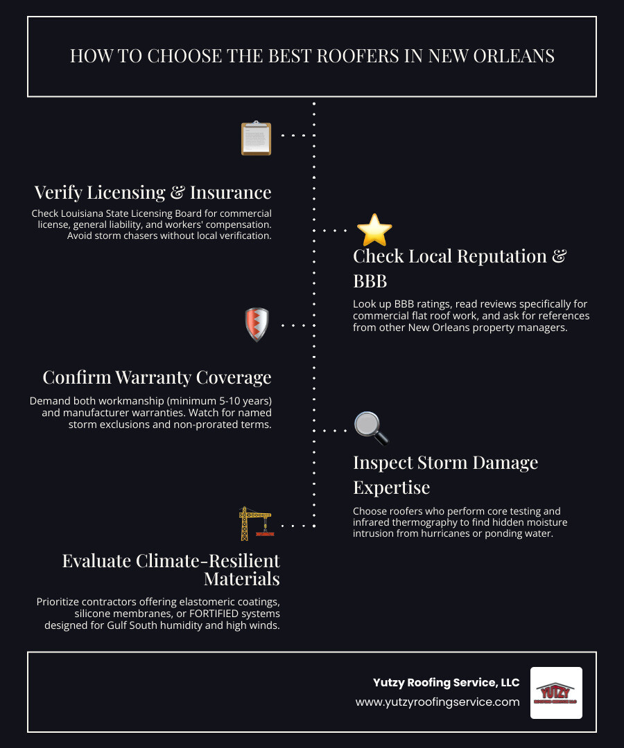 Infographic showing top commercial roofers in New Orleans with key credentials and specialties infographic Infographic showing top commercial roofers in New Orleans with key credentials and specialties infographic