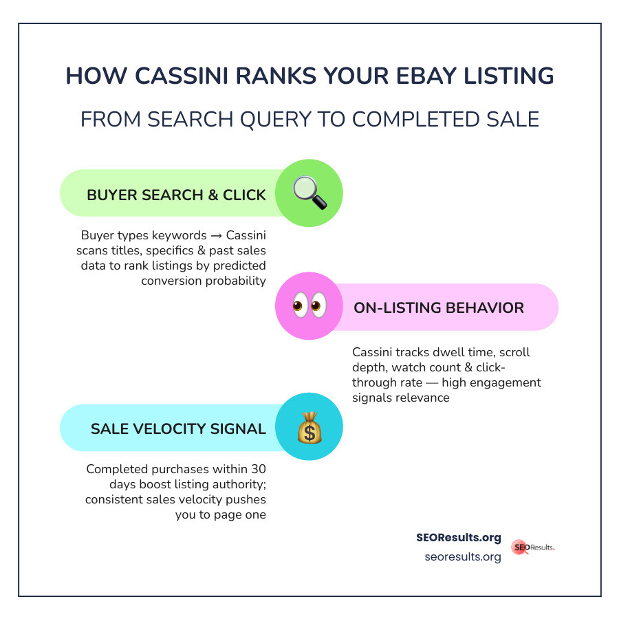 eBay Cassini ranking loop infographic showing key signals from title to sale infographic