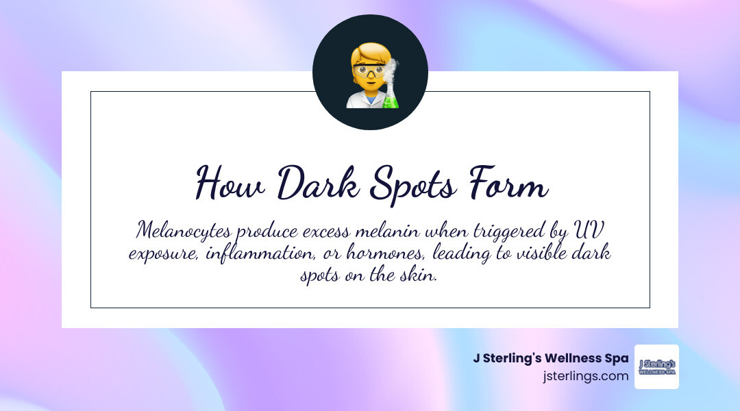 Melanin production pathway and how dark spots form on the face infographic Melanin production pathway and how dark spots form on the face infographic