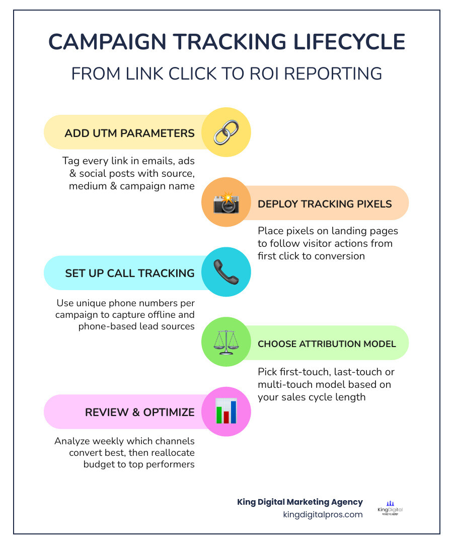 Infographic showing the campaign tracking lifecycle from link click to conversion attribution to ROI reporting infographic Infographic Showing The Campaign Tracking Lifecycle From Link Click To Conversion Attribution To Roi Reporting Infographic