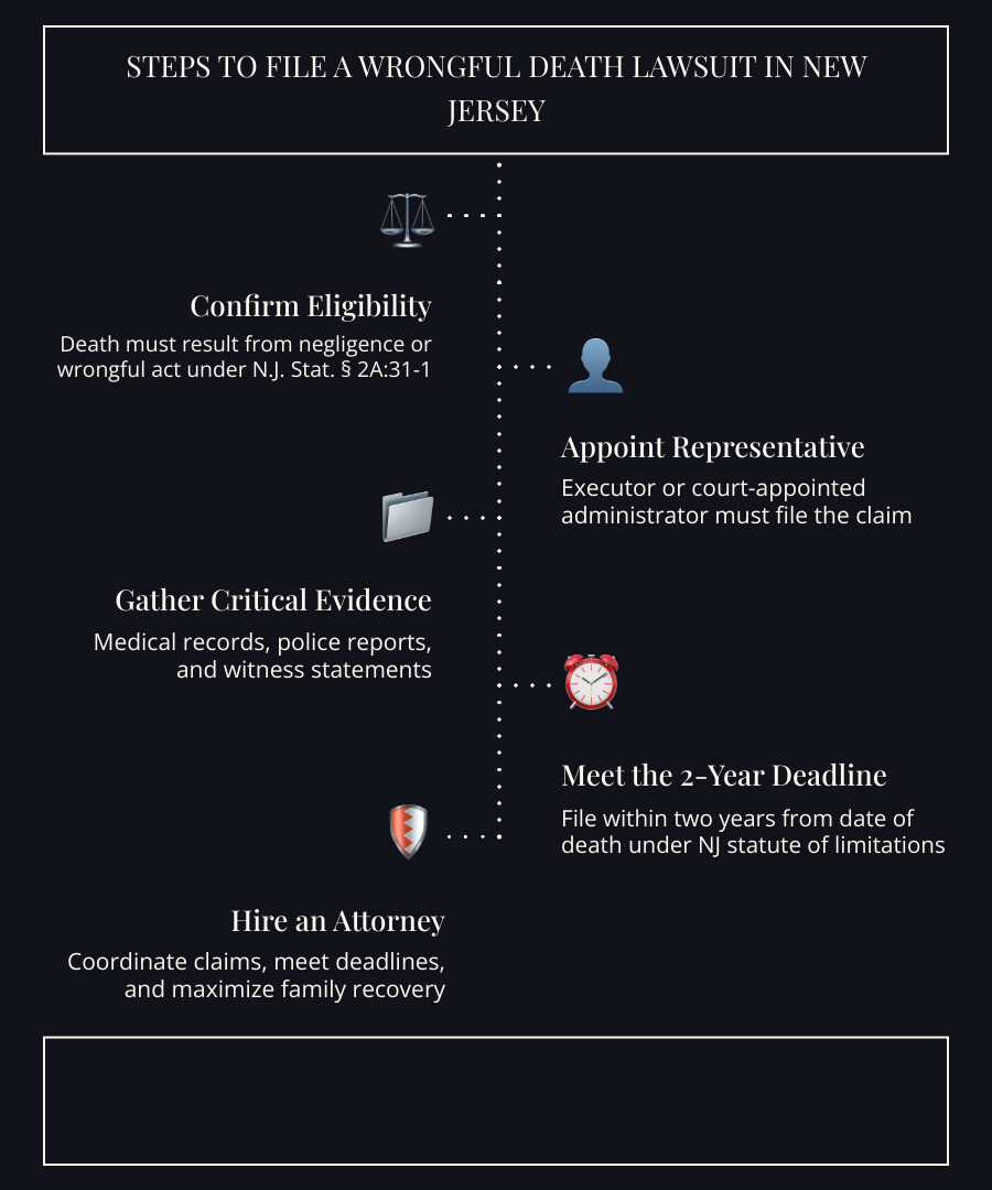 Timeline infographic of steps to file a wrongful death lawsuit in New Jersey from date of death to verdict infographic Timeline infographic of steps to file a wrongful death lawsuit in New Jersey from date of death to verdict infographic
