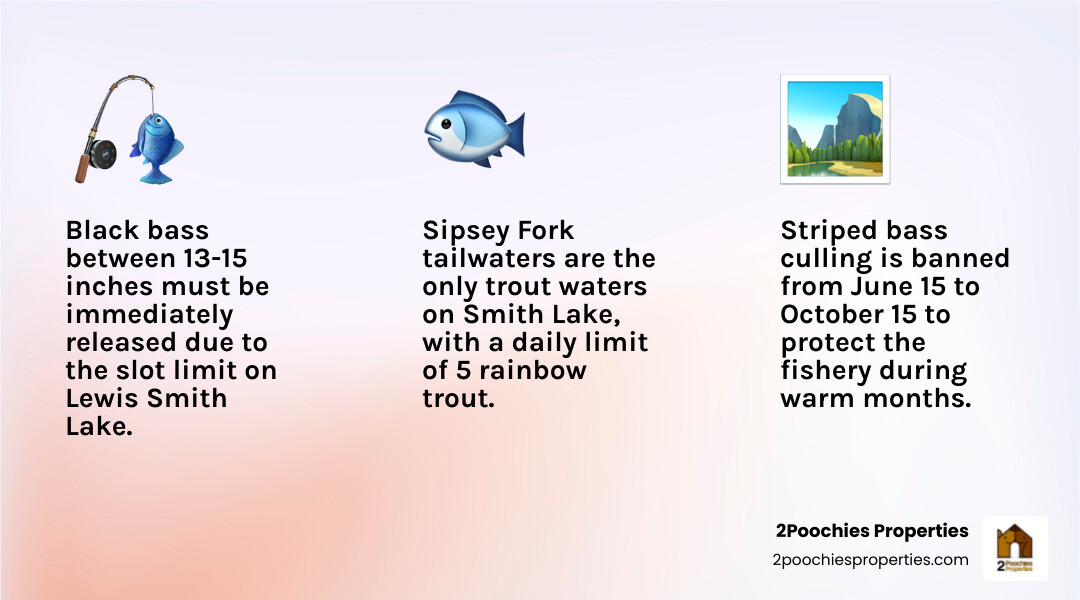 Infographic summarizing Lewis Smith Lake fishing regulations slot limits creel limits and Sipsey Fork trout rules infographic