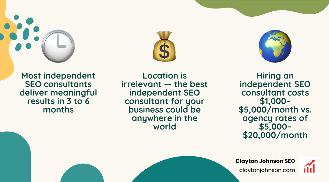 Key facts about hiring an independent SEO consultant vs agency, costs, timelines, and what to expect infographic