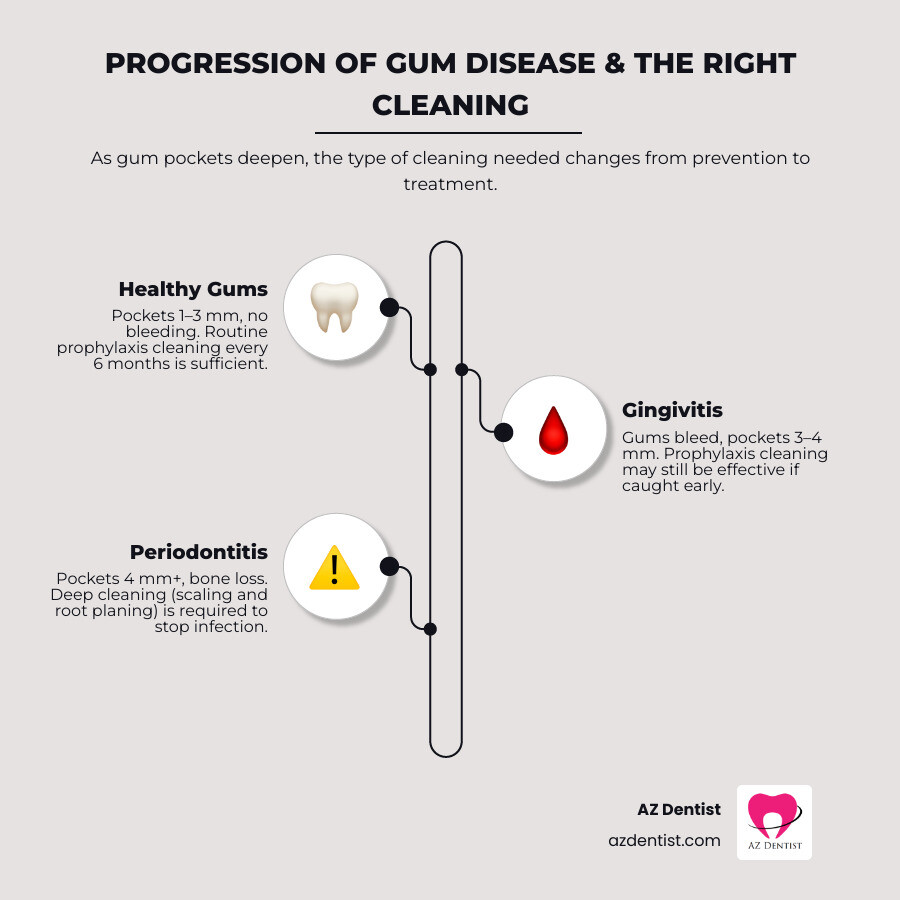 infographic showing the progression of gum disease from healthy gums to gingivitis to periodontitis and the cleaning type