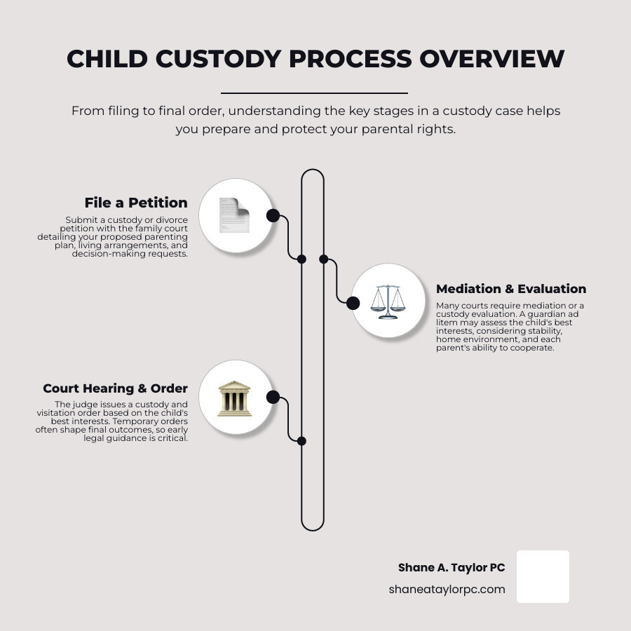 Overview of the child custody process from filing to final order infographic Overview of the child custody process from filing to final order infographic