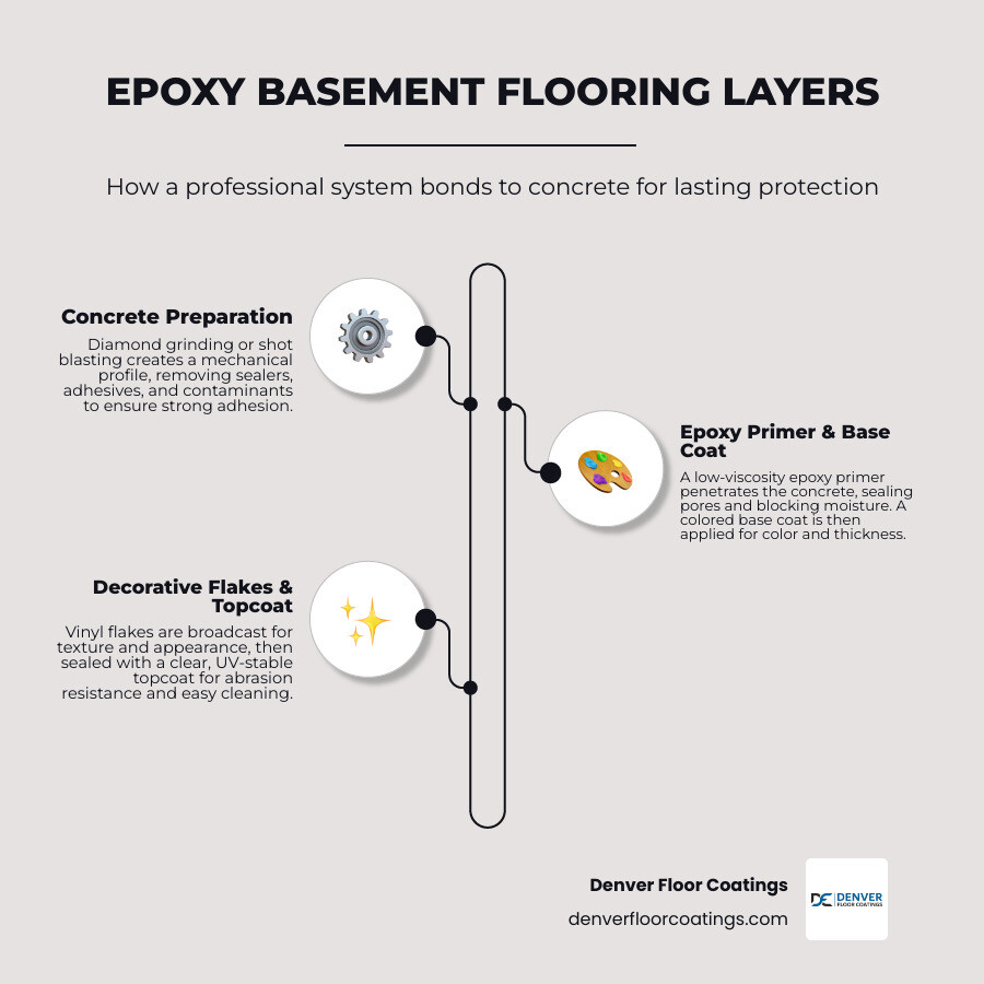 Epoxy basement floor coating system layers showing primer, base coat, flake, and topcoat infographic Epoxy basement floor coating system layers showing primer, base coat, flake, and topcoat infographic