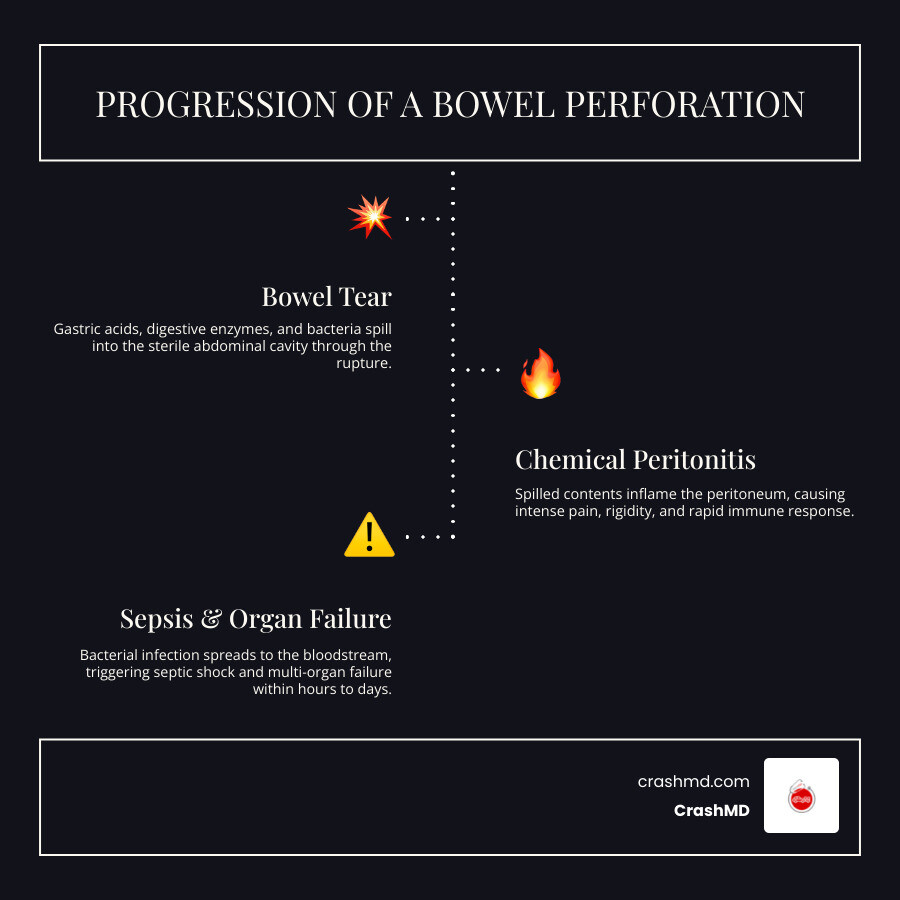 Progression from bowel tear to peritonitis to sepsis and multi-organ failure infographic