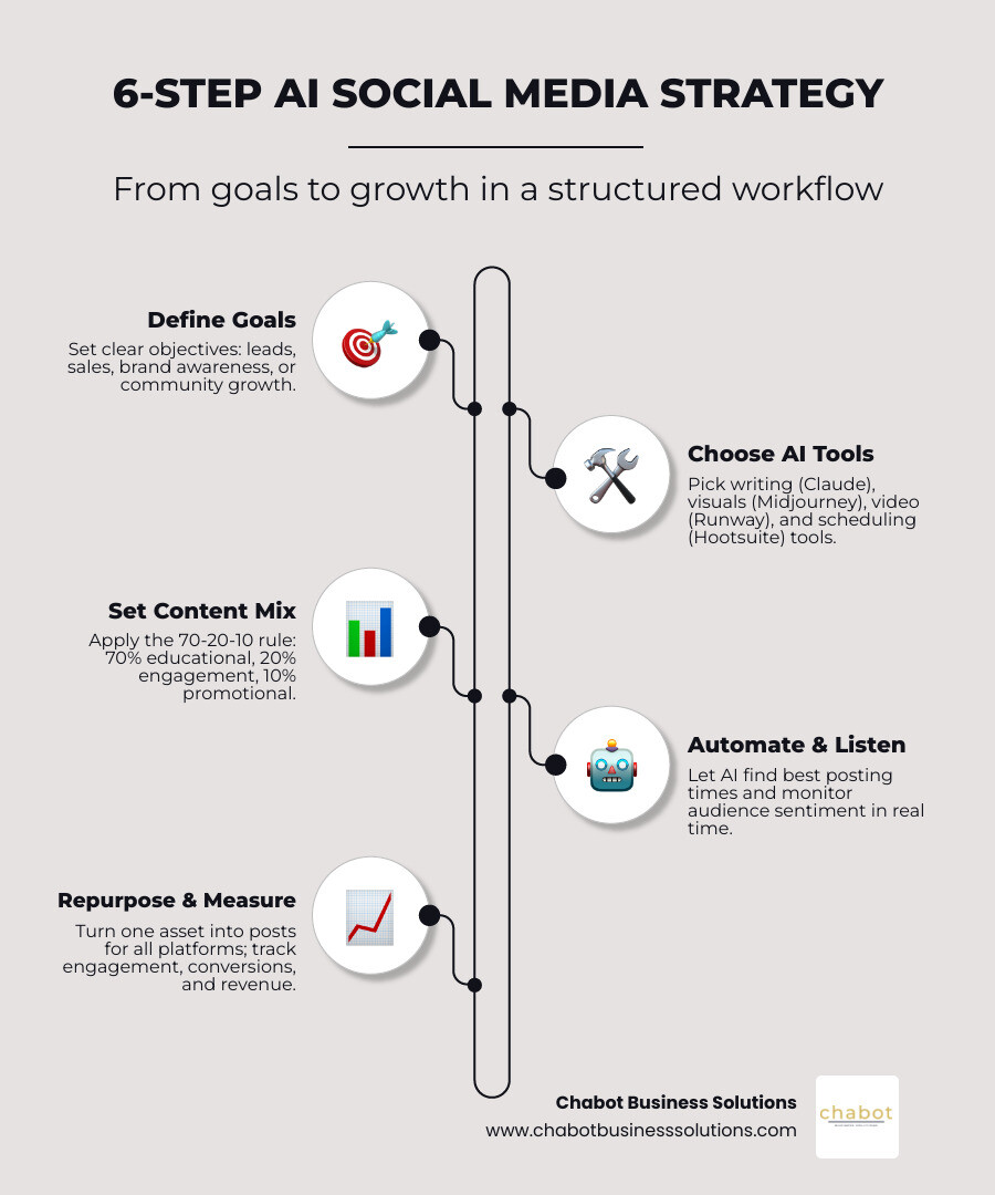AI social media strategy workflow: goals, tools, content mix, automation, repurposing, measurement infographic AI social media strategy workflow: goals, tools, content mix, automation, repurposing, measurement infographic
