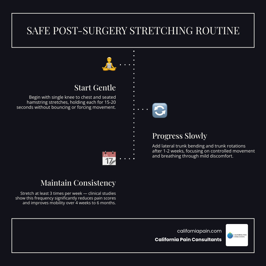 Timeline infographic showing post-surgery physical recovery stages and when to introduce stretching infographic