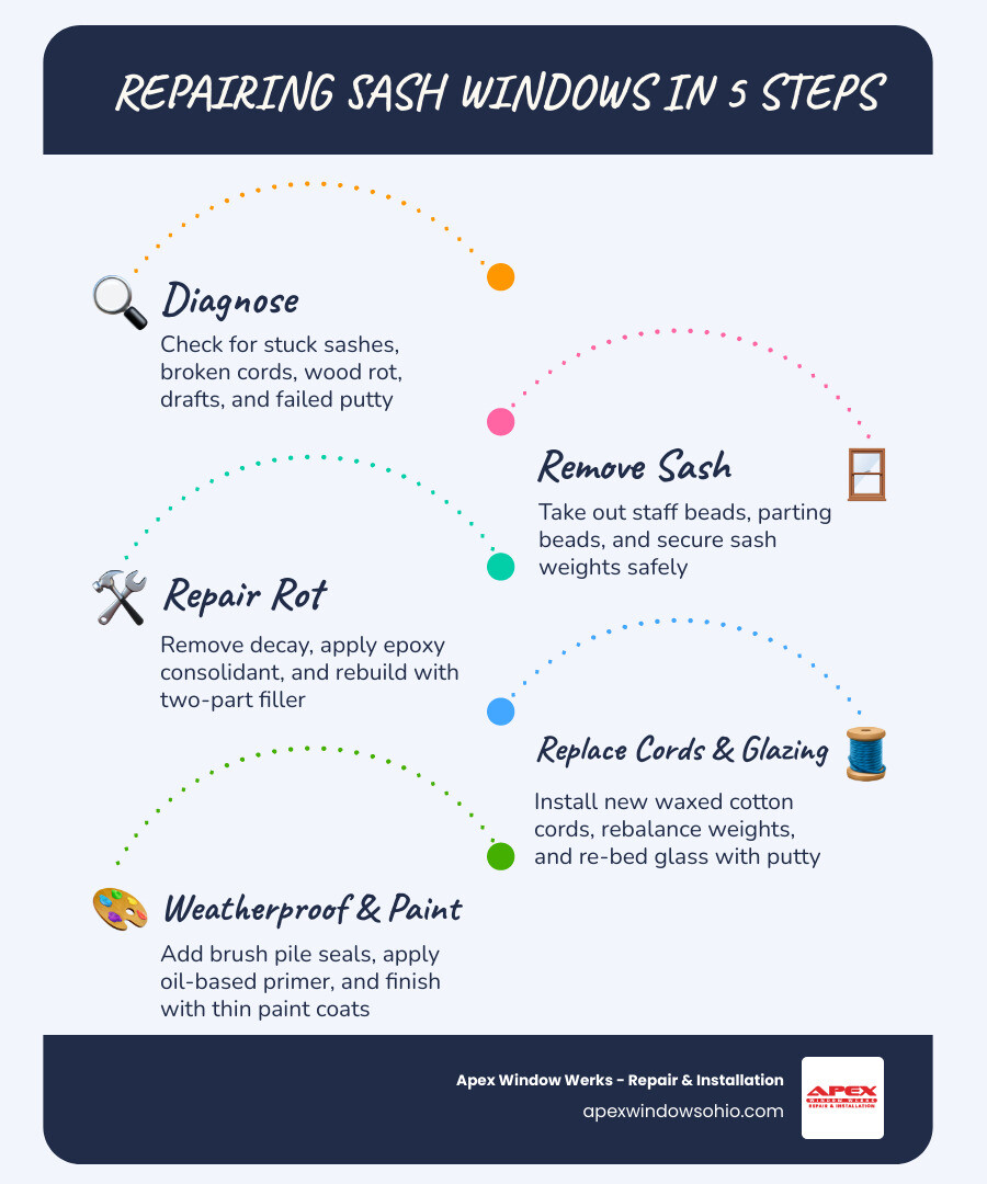 Sash window repair steps infographic: common problems, tools needed, and key fixes at a glance infographic