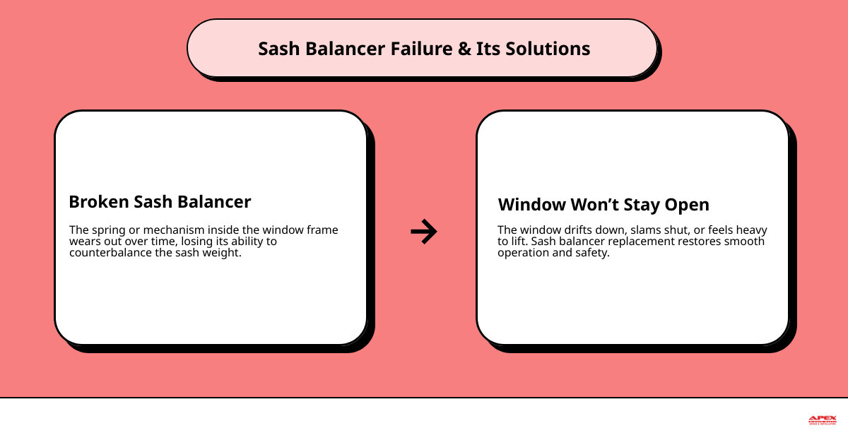 infographic showing how window sash balancers support sash weight and steps to replace them infographic