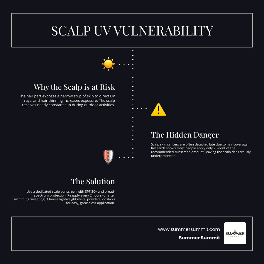 Infographic showing scalp UV vulnerability, SPF recommendations, reapplication rules, and top product types infographic