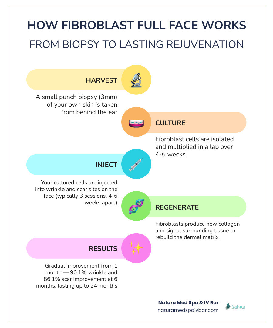 How a full face fibroblast treatment works: from biopsy to results timeline infographic How a full face fibroblast treatment works: from biopsy to results timeline infographic
