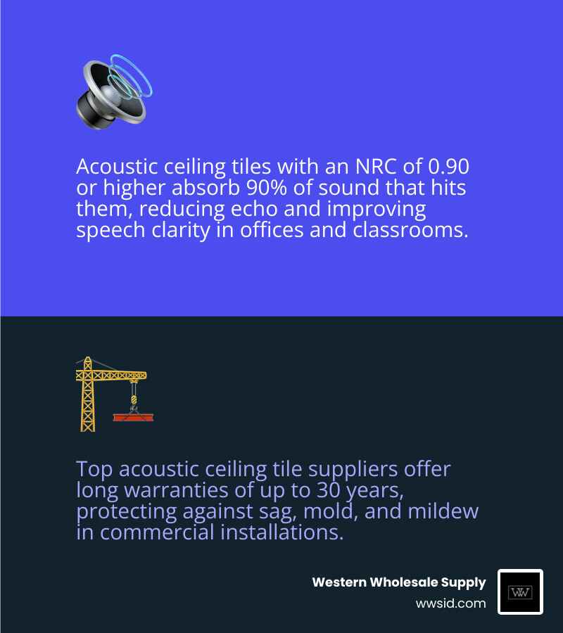 How acoustic ceiling tiles absorb sound: NRC ratings, material types, and supplier checklist infographic How acoustic ceiling tiles absorb sound: NRC ratings, material types, and supplier checklist infographic