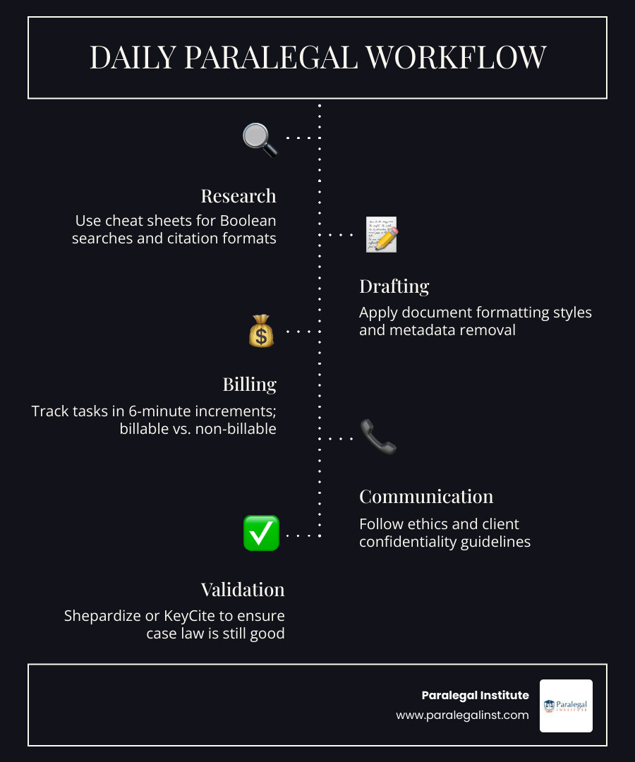 Daily workflow infographic for a high-efficiency paralegal showing research, billing, drafting, and communication tasks Daily workflow infographic for a high-efficiency paralegal showing research, billing, drafting, and communication tasks