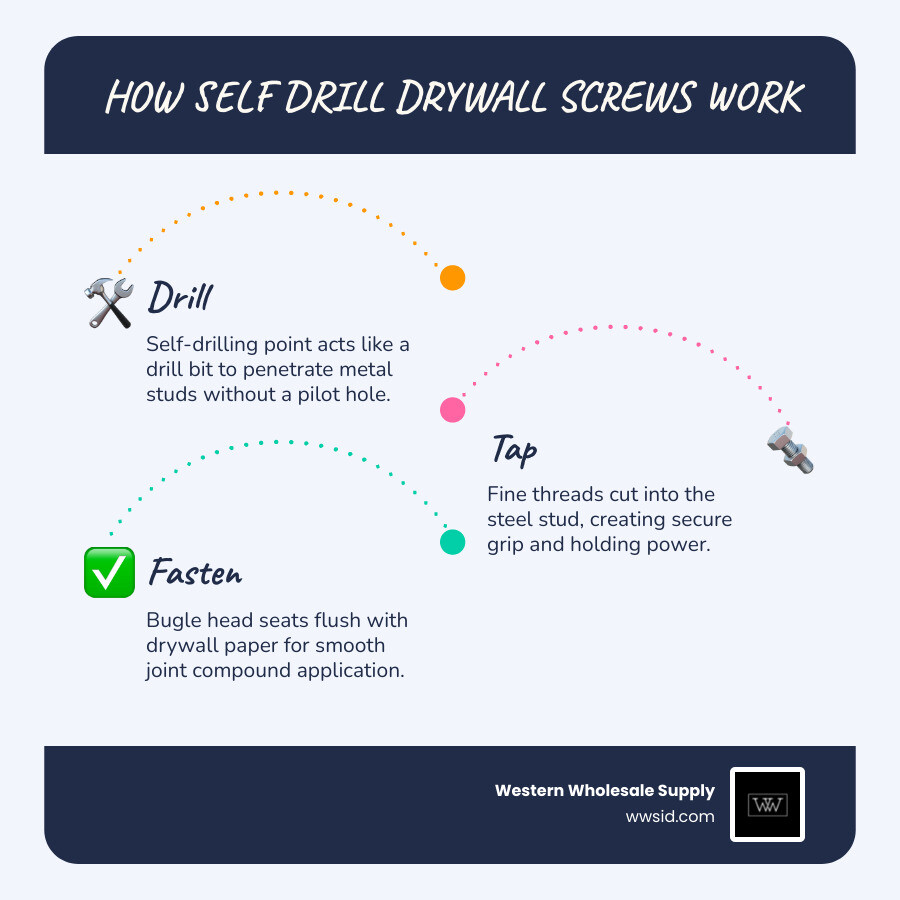 Self drill drywall screw mechanics: drill, tap, and fasten in one step with key specs infographic Self drill drywall screw mechanics: drill, tap, and fasten in one step with key specs infographic