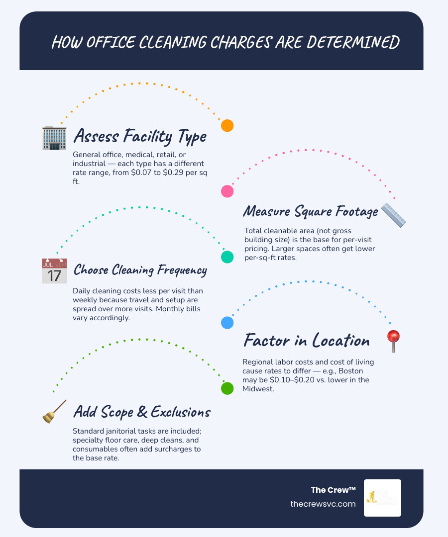 Office cleaning charges breakdown: key cost factors, pricing models, and rate ranges by facility type infographic Office cleaning charges breakdown: key cost factors, pricing models, and rate ranges by facility type infographic