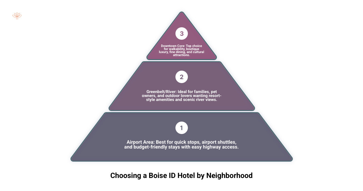Boise ID hotel neighborhoods map showing downtown, airport, and Greenbelt areas infographic