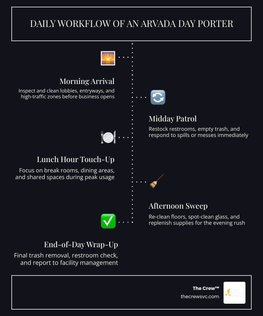 Daily workflow of an Arvada day porter: tasks, timing, and facility coverage throughout the business day infographic