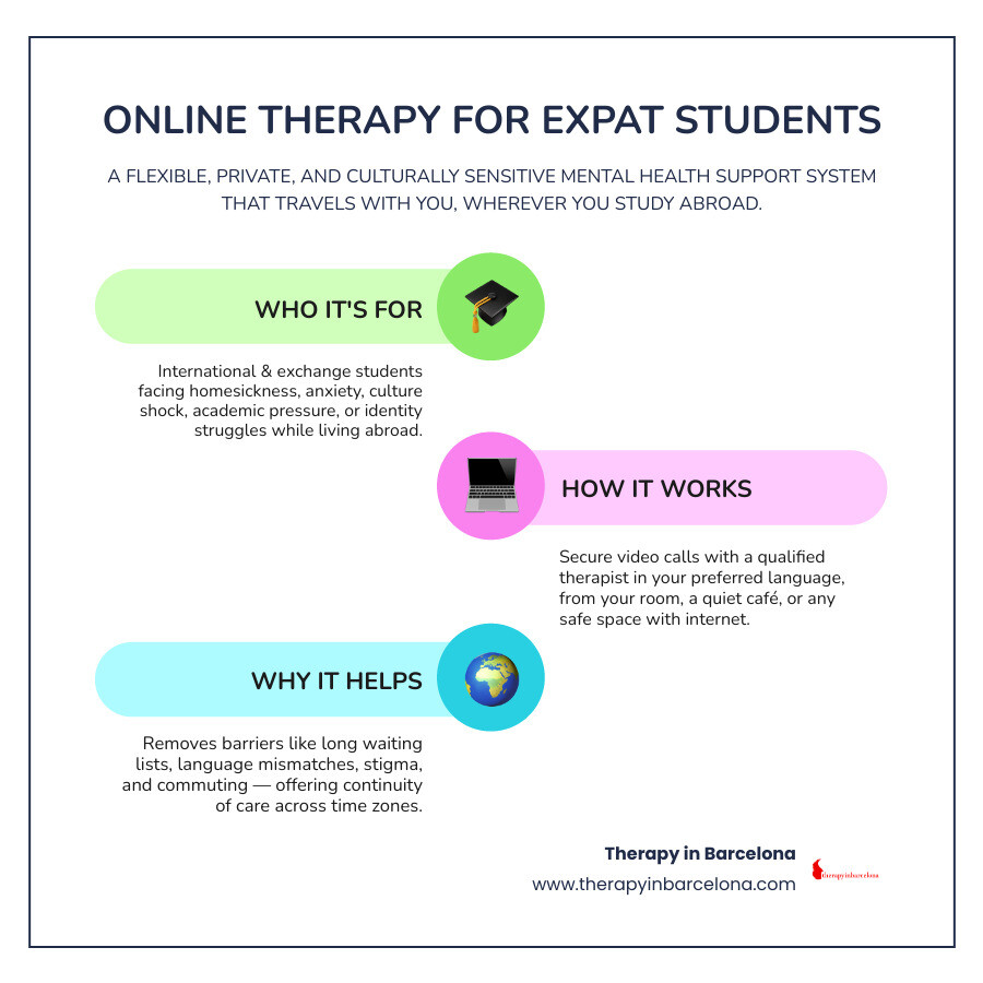 infographic showing key facts about online therapy for expat students: who it helps, common struggles, and how to get