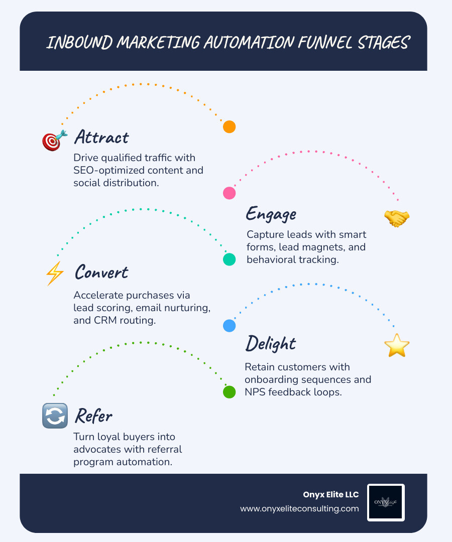 Inbound marketing automation funnel flywheel showing Attract, Engage, Convert, and Delight stages infographic