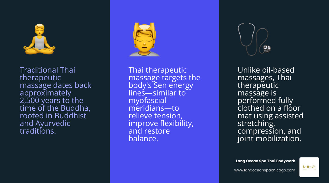 Core elements of Thai therapeutic massage: origins, techniques, benefits, and what to expect infographic
