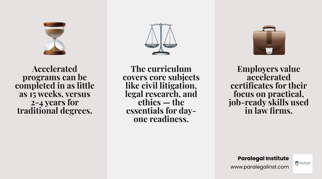 Timeline comparison infographic: accelerated paralegal certificate program vs. traditional multi-year paralegal programs Timeline comparison infographic: accelerated paralegal certificate program vs. traditional multi-year paralegal programs