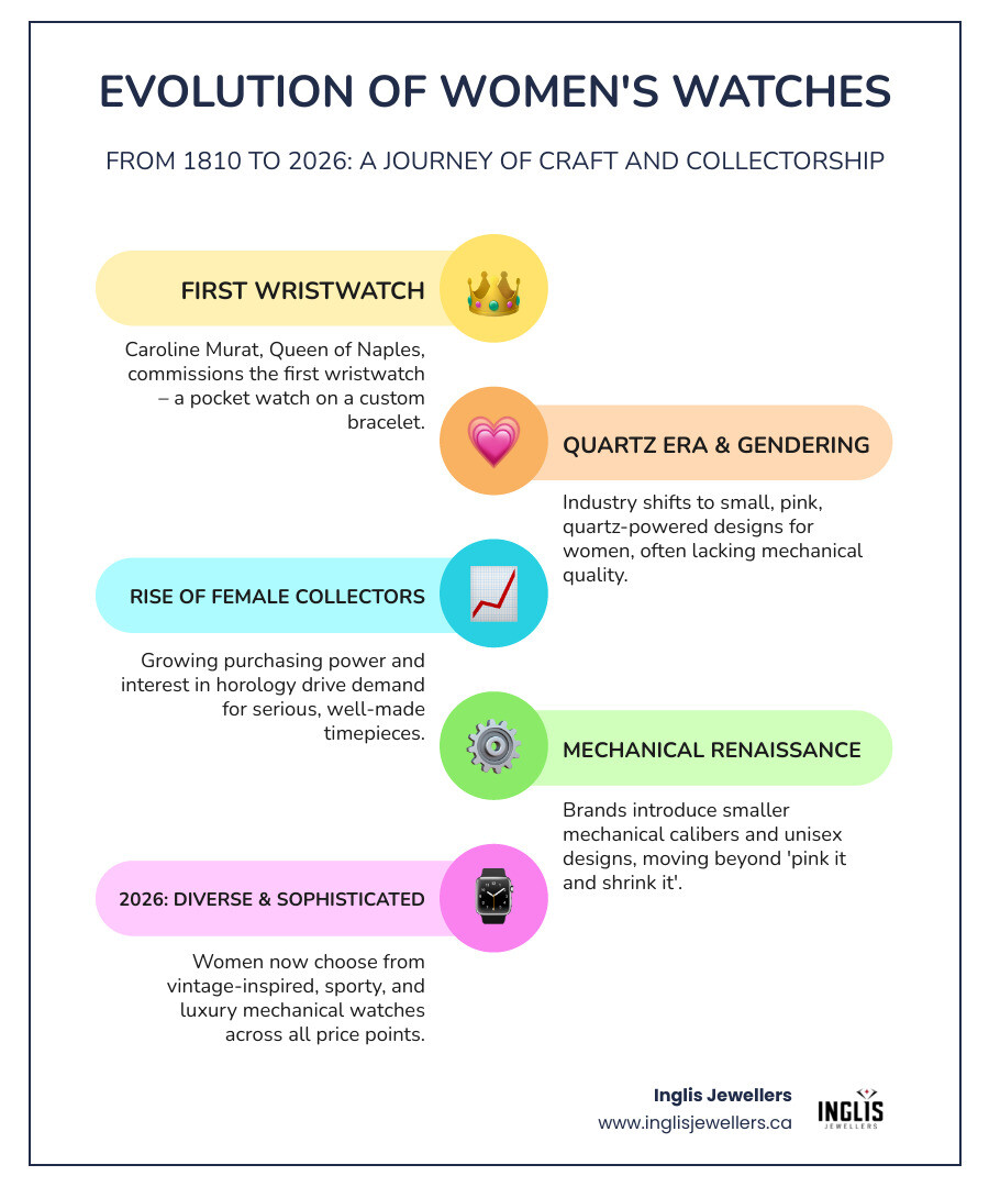 Evolution of branded watches for women from 1810 to 2026, showing key milestones infographic Evolution of branded watches for women from 1810 to 2026, showing key milestones infographic