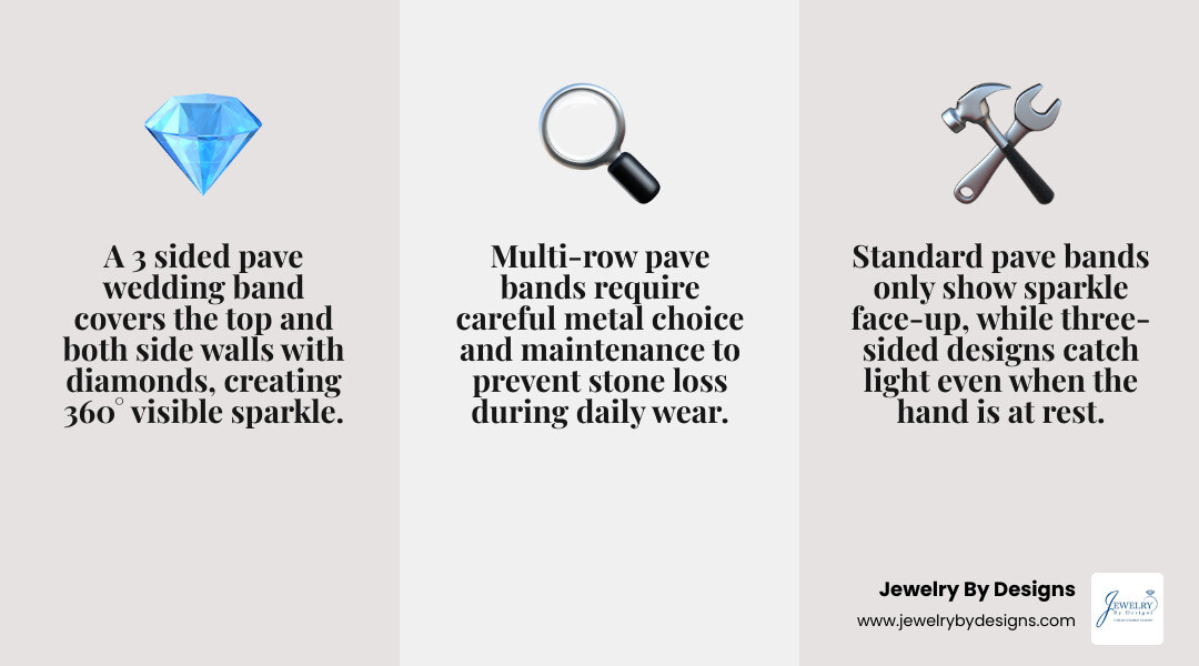 Infographic showing anatomy of a 3 sided pave wedding band: top row, side rows, shared prongs, band width, and stone Infographic showing anatomy of a 3 sided pave wedding band: top row, side rows, shared prongs, band width, and stone