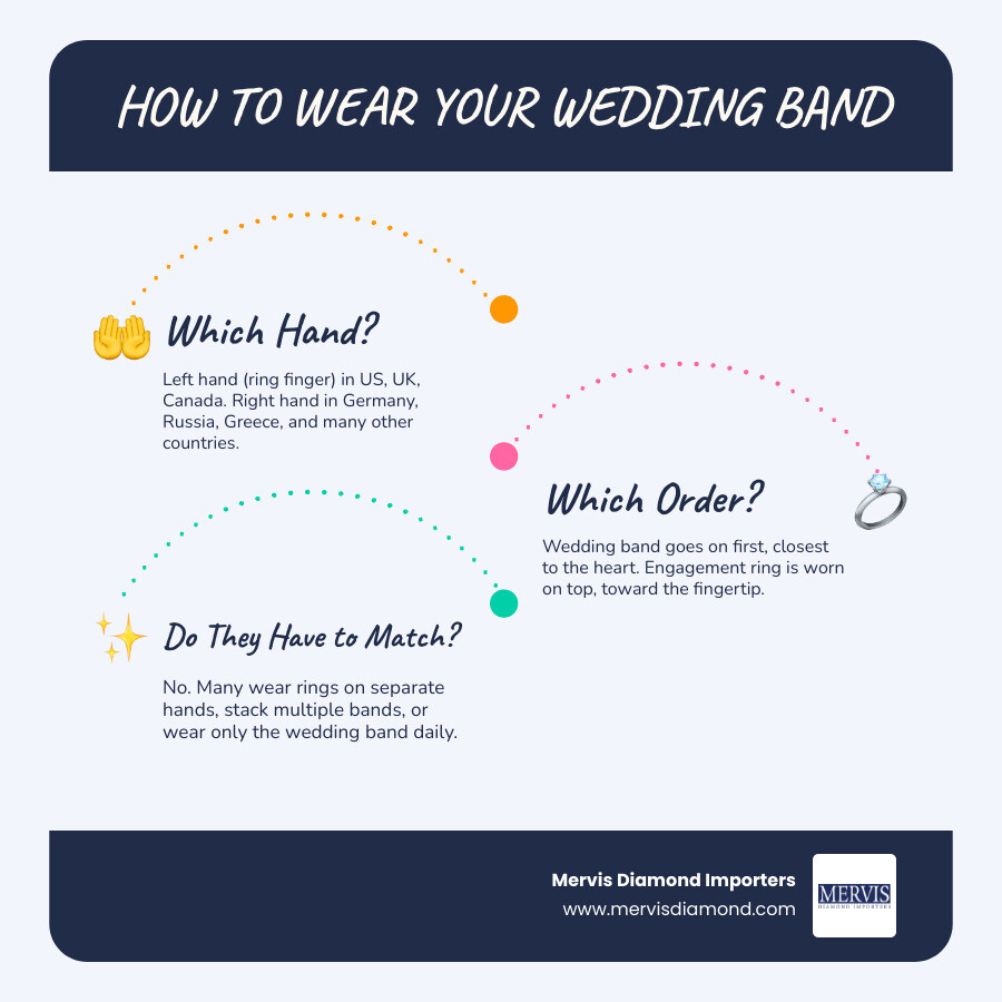 Infographic showing traditional wedding band order: wedding band first closest to heart, engagement ring on top, left hand