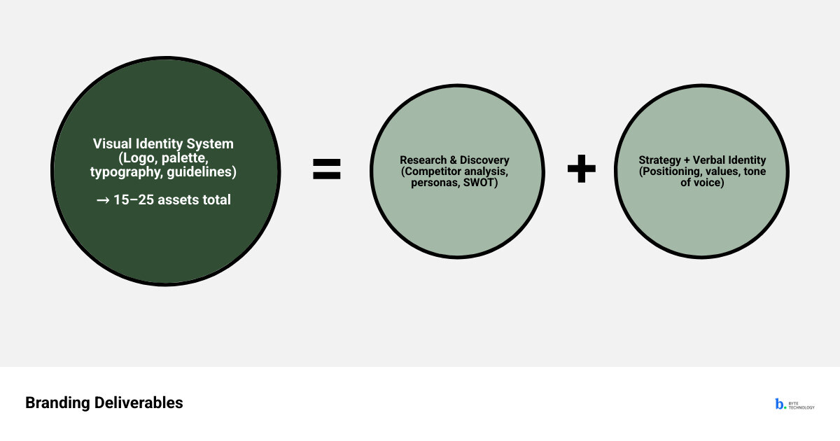 Four layers of branding deliverables: Research, Strategy, Verbal Identity, Visual Identity with key assets in each layer