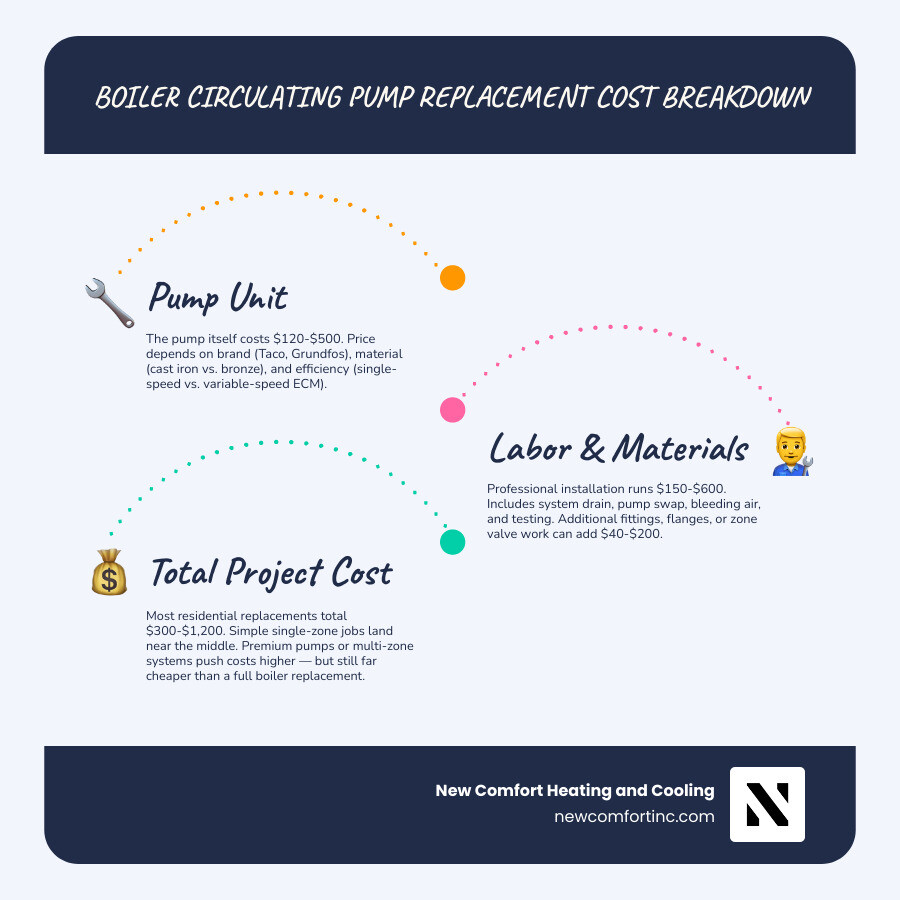 infographic showing boiler circulating pump replacement cost breakdown by component infographic
