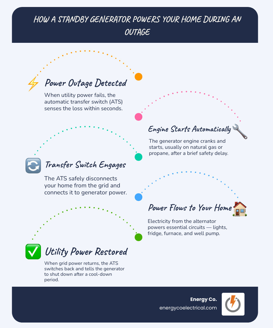 how a standby generator powers a home during a power outage — step-by-step process infographic how a standby generator powers a home during a power outage — step-by-step process infographic