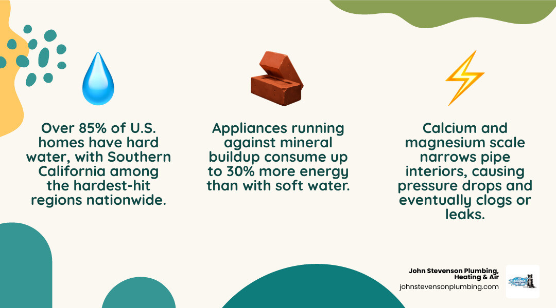 infographic showing effects of hard water on pipes, water heaters, dishwashers, washing machines, and energy use infographic